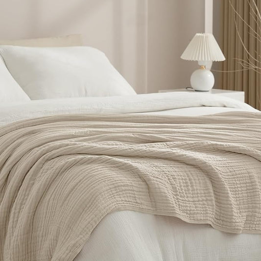 PHF Cooling Muslin Blanket Queen Size 90"x80", 6-Layer Lightweight Gauze Blanket Made from 35% Rayon Derived from Bamboo & 65% Cotton, Breathable & Ultra Soft Cozy, Aesthetic Home Decor, French Oak