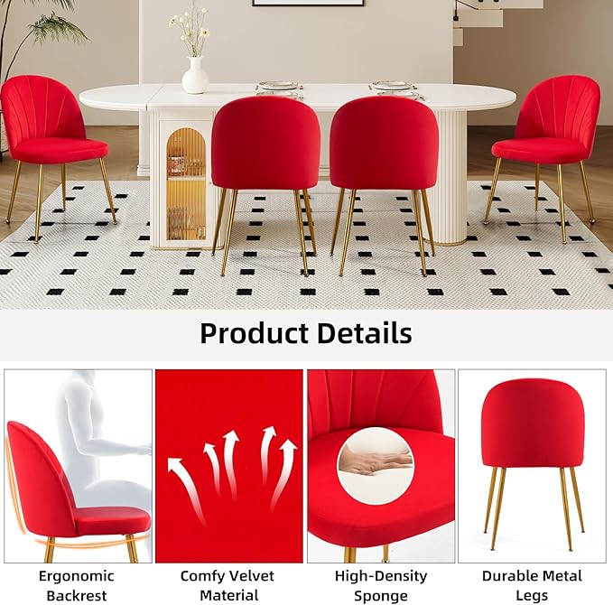 Velvet Dining Chairs Set of 2, Upholstered Mid Century Modern Dining Room Chairs, Armless Accent Chair with Metal Gold Legs for Living Room, Kitchen, Rose Red