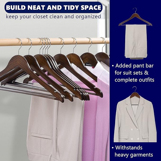 Amber Home 20 Pack Vintage Wooden Coat Hangers, Walunt Wood Suit Hangers with Non Slip Pant Bar, Clothes Hangers for Shirts, Jackets, Dress, Pant (Retro, 20)