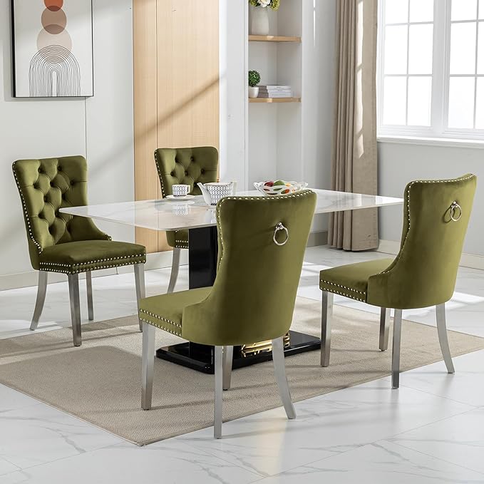 Luxury Upholstered Dining Chairs Set of 8, Olive Green Kitchen Chair with Silver Metal Legs, Velvet Tufted Back Dining Chair, Sillas de Comedor, Modern Kitchen & Dining Room Chairs (Olive, 8 Pcs)
