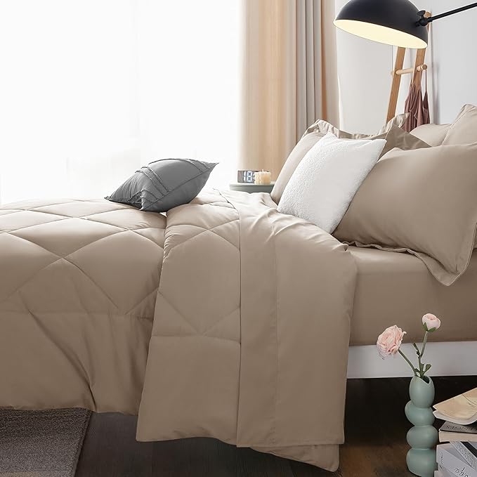 CozyLux Full Size Comforter Sets Khaki - 7 Pieces Bed in a Bag Full, Luxury Soft Bed Set for All Seasons, Bedding Set with Down Alternative Comforter, Sheets, Pillowcases & Shams