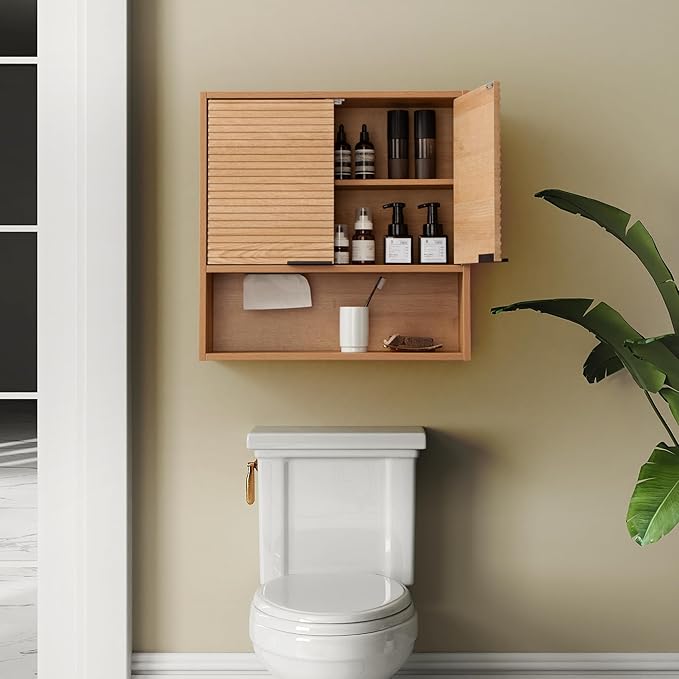 Bathroom Storage Cabinet with Motion Sensor LED Light, Wooden Medicine Cabinet Wall Mounted Cupboard with Disposable Face Towels Hole, Over Toilet Storage Cabinet and Adjustable Shelf (Oak)