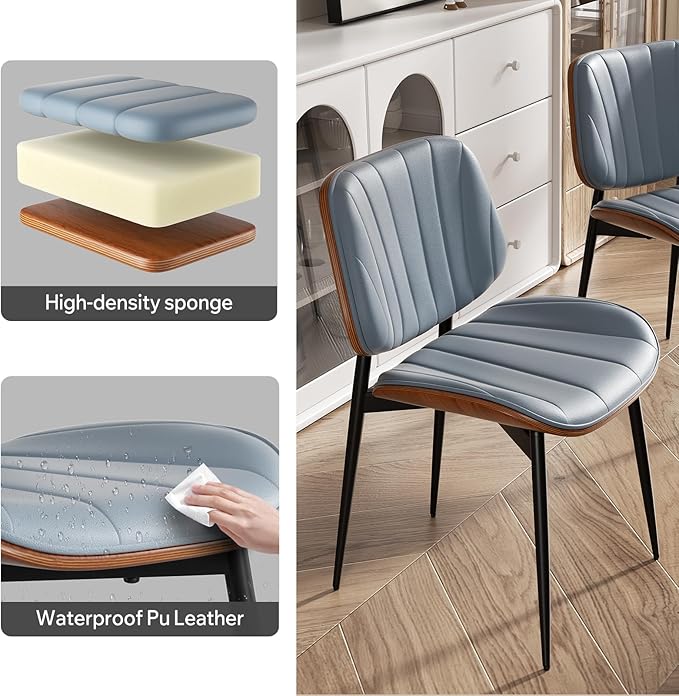 Dining Chairs Set of 4, Mid Century Modern Dining Room Chair, Upholstered Faux Leather Kitchen Chairs with Walnut Bentwood Back and Metal Legs for Kitchen Dining Room Living Room, Blue