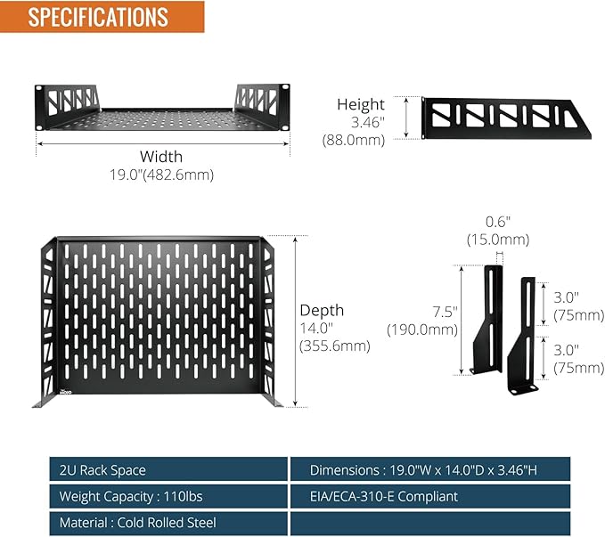Tecmojo 2U Rack Shelf,19 inch Server Rack Shelf 14 inch Depth,Weight Capacity 110Lbs/50kg,Rack Mount Shelf for 19" Network Racks & Cabinets,with Complete Accessories