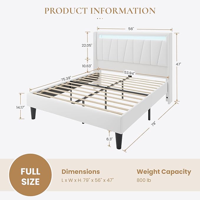 SHA CERLIN Full Size Bed Frame with Charging Station and LED Lights, Modern Velvet Platform Bed with Upholstered Geometric Wingback Headboard, No Box Spring Needed, Easy Assembly, White