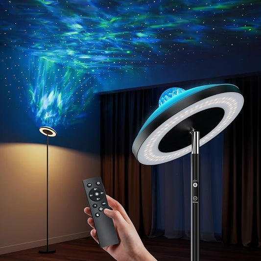 DUSKTEC Floor Lamp with RGB Star Projector, 15W 1400LM Dimmable 4 Color Temperatures LED Standing Lamp with Remote, Modern Tall Black Corner Lamp for Living Room, Bedroom, Office