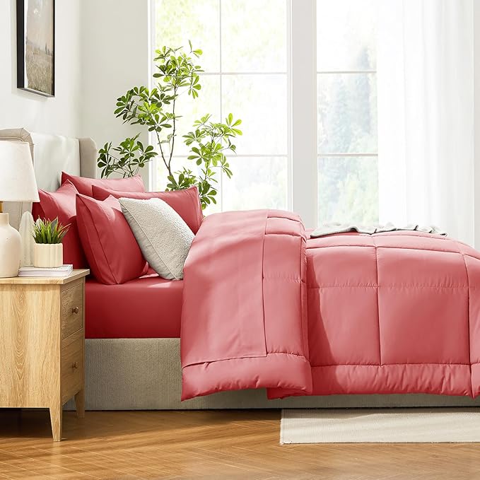 CozyLux Full Size Comforter Sets Coral, 7 Pieces Bed in a Bag, Coral Comforter Full Size, All Season Bedding Sets with Stitch Quilted Comforter, Flat Sheet, Fitted Sheet, Pillowcases