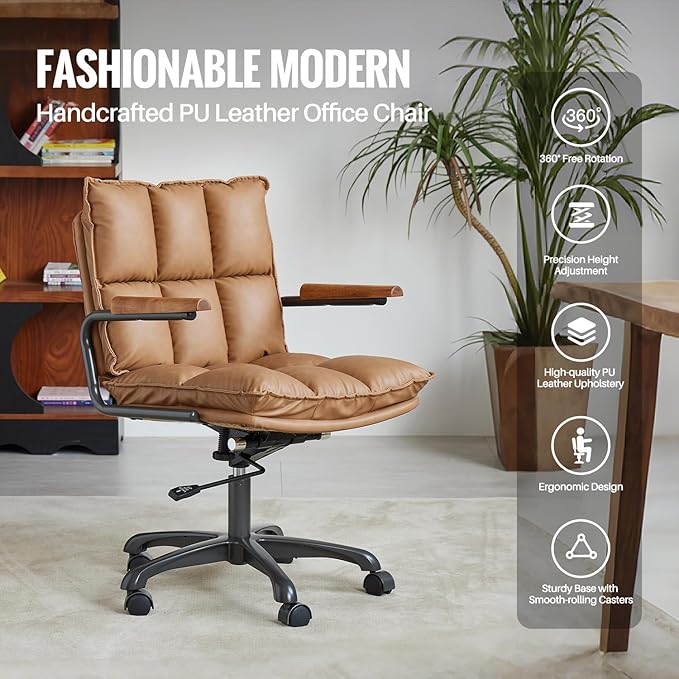 Home Office Desk Chair, Ergonomic Computer Chair with Wheels and Oak Arms, Adjustable Height Rolling Swivel Executive Task Armrests Chair, Camel Brown