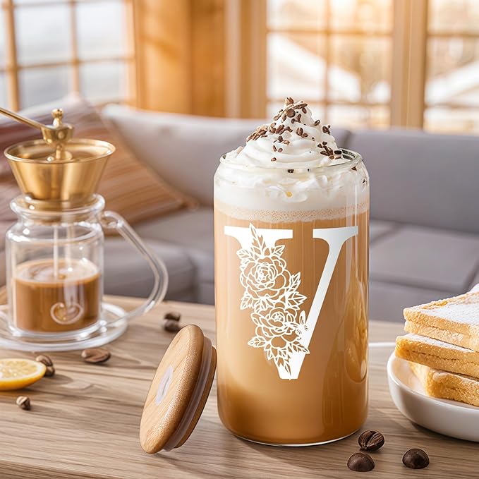DWTS DANWEITESI Birthday Gifts for Women: Initial Glass Cup as Office Graduation Memorial Holiday Personalized Gifts - for Husband Aunt Uncle Teen Boy Employee Coworkers Him and Her - V Aesthetic Cup