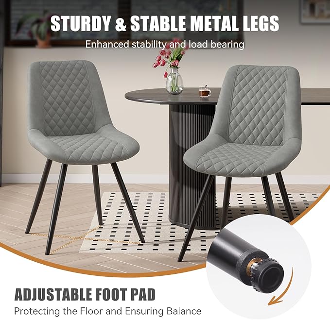 Modern Dining Chairs Set of 4, Quality Faux Leather Upholstered Dining Chairs with Metal Legs, Dinner Chairs for Dinning Room Kitchen, Grey