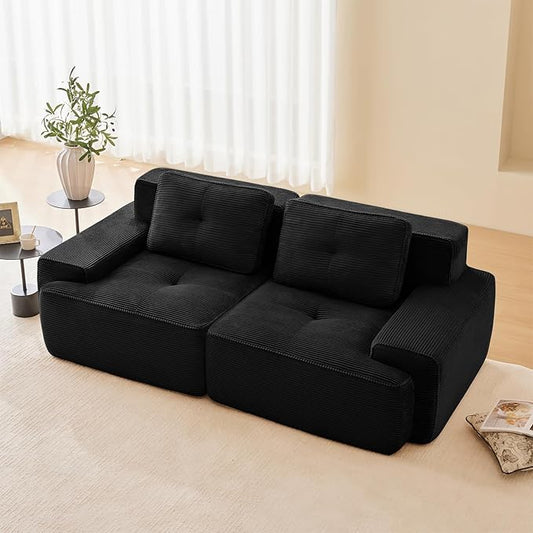 80" Modern Corduroy Boneless Love Seat Couches, 2 Seater Large Sectional Couches for Living Room, Black Cloud Modular Sectional Sofa, Memory Foam, Extra Deep Loveseat, No Assembly
