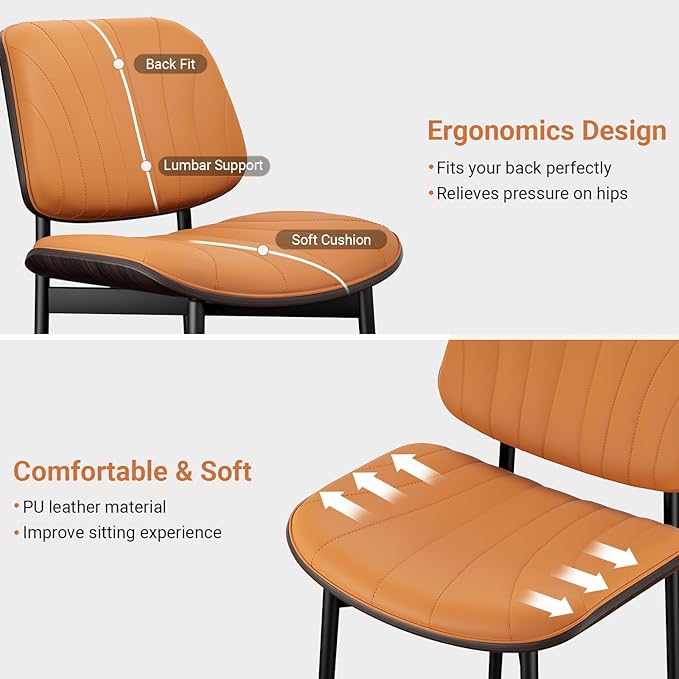 Dining Chairs Set of 6, Mid Century Modern Dining Room and Kitchen Chairs, Upholstered PU Leather Chairs with Walnut Bentwood and Metal Legs, Orange