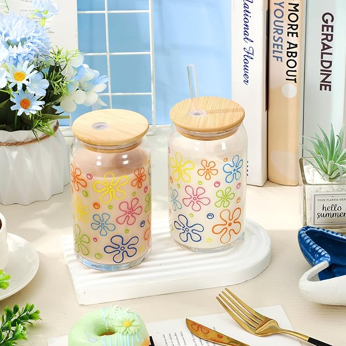 2 Pack Cartoon Sponge Drinking Glasses 16oz Flower Bubbles Glass Cup Colorful Iced Coffee Cup with Lid Straw for Birthday Baby Shower Cocktail Whiskey Beer Soda