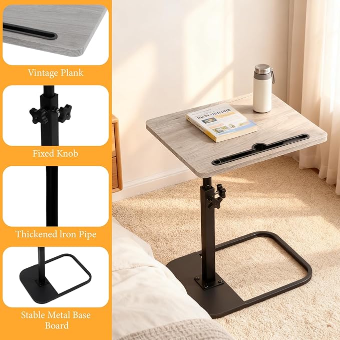 jessie Tv Tray Table, Adjustable Tray Table for Couch 360° Swivel C Shaped End Table with Phone Tablet Slot for Living Room, Sofa, Bedside, Bathroom (Gray)