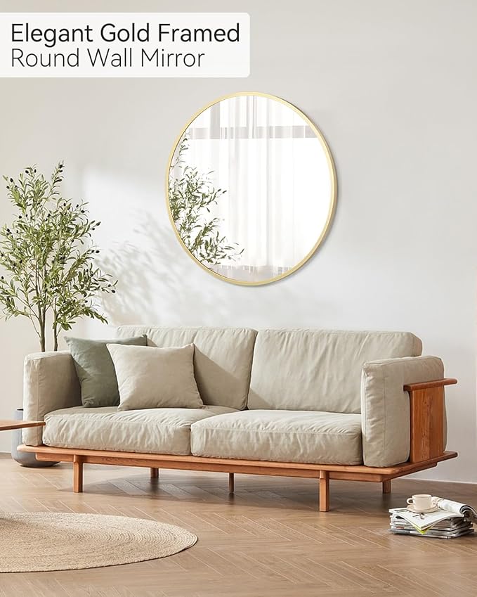 24 Inch Golden Circle Wall Mirror, Modern Round Metal Framed Mirror for Bathroom, Entryway, Living Room, Bedroom, Dining Room, Hallway, Decorative Home Décor, Easy Mount