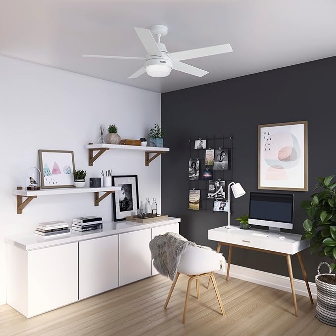 Hunter 52 inch Indoor Ceiling Fan with LED Light and Remote Control - White Modern Smart Ceiling Fan, Standard Mount, 5 Blades, For Bedroom, Living Room, or Kitchen, Quiet- Aerodyne 51336, Fresh White