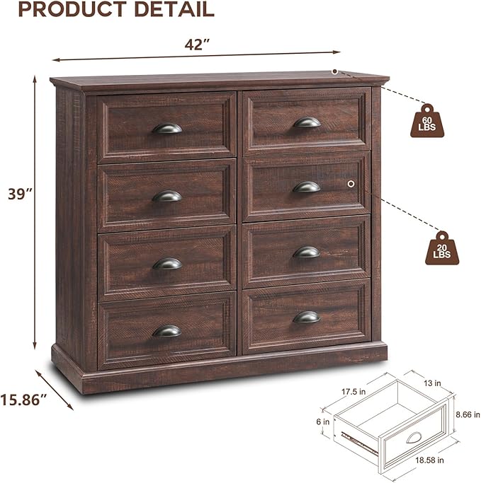 Farmhouse 8 Drawer Dresser for Bedroom, 39" Tall Dressers & Chests of Drawers, 42" Wide Dressers Organizer Storage, Wood Rustic Bedroom Dresser for Closet, Living Room, Hallway, Brown