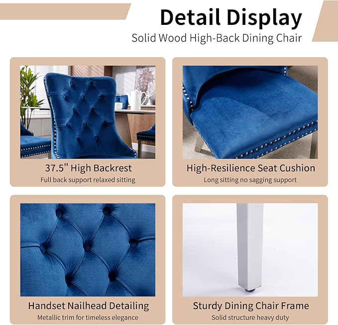 Luxury Upholstered Dining Chairs Set of 4, Blue Kitchen Chair with Silver Metal Legs, Velvet Tufted Back Dining Chair, Sillas de Comedor, Modern Kitchen & Dining Room Chairs (Blue, 4 Pcs)