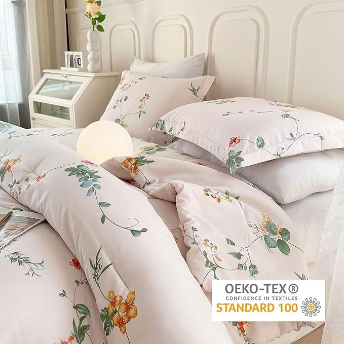 EAVD Garden Floral Comforter Set Queen Vintage Chic Botanical Floral Leaves Patten Aesthetic Comforter Soft Washed Microfiber Bedding Comforter Set 1 Comforter and 2 Pillowcases