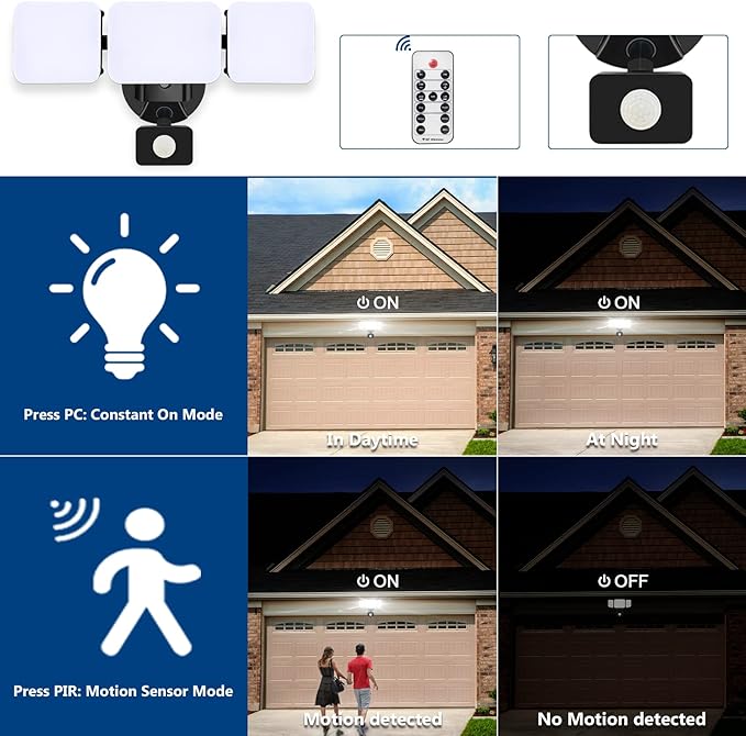EMANER Outdoor Security Light Remote Control, 280W Equiv. Motion Sensor Floodlight, Keep On or Motion Activated, Tunable White, 110V Dimmable Wall Light for Garage (Black, 1-Pack)