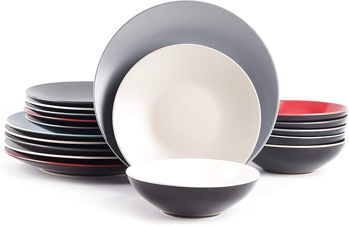 Colors Life 18pc Dinner Set，Very Cool - 6 Assorted Colors Cool Beige, Cool Grey, Light Grey, Frost Red,Turquoise and White