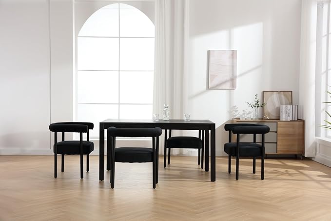 Mid-Century Modern Dining Chairs Set of 2, Armrest Barrel Dining Chairs Side Accent Chairs with Curved Back, Upholstered Wood Armchairs for Kitchen, Velvet Black