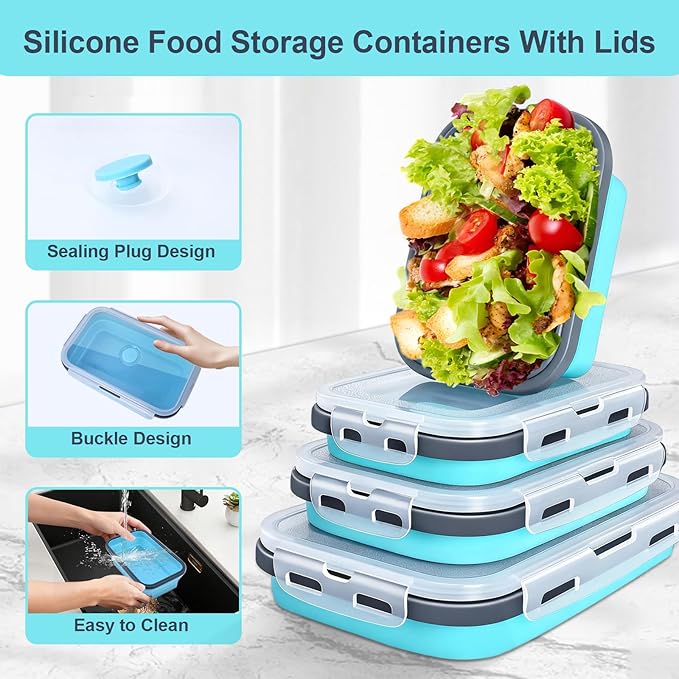 Collapsible Silicone Food Storage Containers with Lids, Collapsible Food Storage Containers, Camping Dishes,4 Pack Foldable Lunch Box for Leftovers, Meals, Snacks, Blue Gray Trim