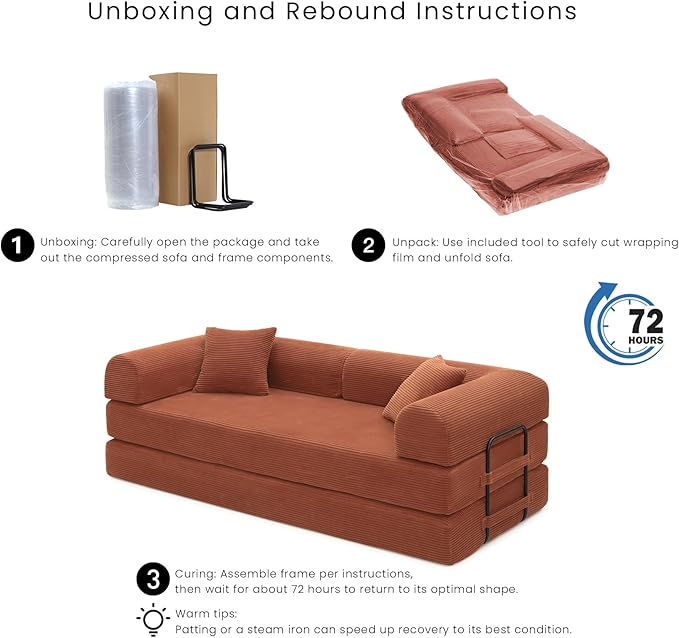 Compression Sofa - 79'' Convertible Sofa Bed, Boneless Couch in a Box, Modular Corduroy Foldable Sleeper Sofa with 2 Pillows, Loveseat Couches for Living Room (Corduroy Fabric, Orange)