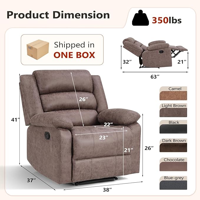 ANJ Set of 2 Manual Recliner Chairs, Overstuffed Breathable Faux Leather Reclining Seating with Arm & Back Support, Comfortable Living Room Recliners for Reading & Relaxation