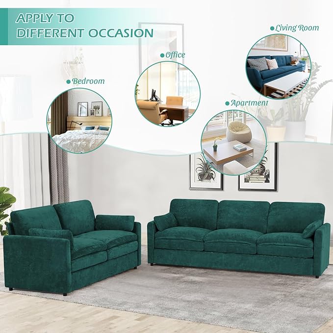 89” Chenille Sofa w/Arm Pillows, Upholstered 3-Seater Sofa w/Comfortable Back Cushions, Modern 3 Seats Couch w/High-Density Foam for Living Room, Apartment, Office, Teal