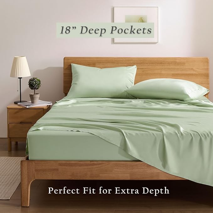 TOSMO Luxury Cooling Sheet Set - 100% Viscose from Bamboo, 4-Piece Bedding Set (Cal King Size) - 18” Extra Deep Pockets, Oeko-Tex Certified, Silky Soft and Breathable, Light Green