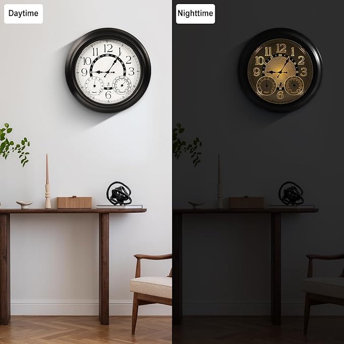 18 Inch Illuminated Retro Indoor Outdoor Wall Clocks with Thermometer and Hygrometer Waterproof Metal Large Clocks with Auto Light Smart Sensor for House Warming Gifts New Home Living Room Decor