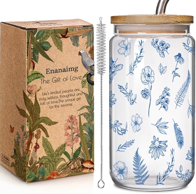 Blue Floral Iced Glass Cups with Bamboo Lids and Straws 16oz Wildflower Coffee Cup Gift for Women Cute Flower Drinking Glass with Cleaning Brushes, Blue Flower Gifts for Birthday Bridesmaid Party