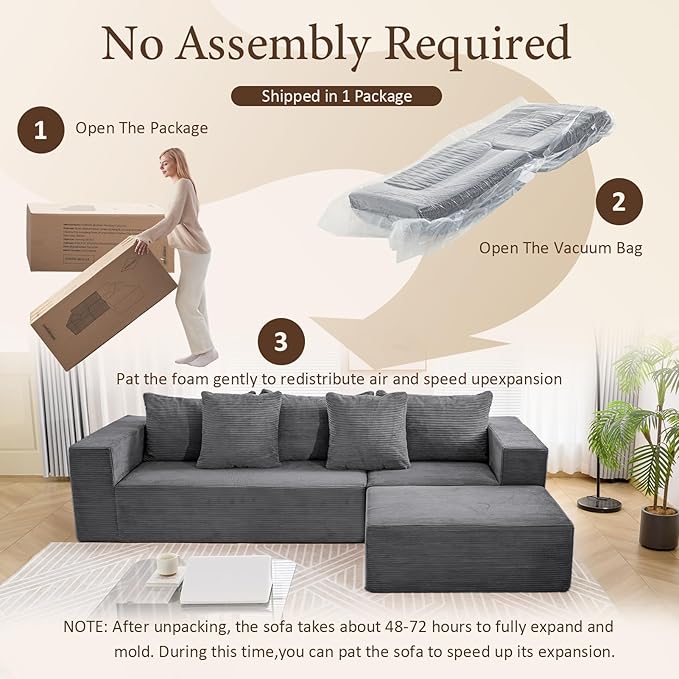 INGEROOM 108" Cloud Sectional Couch with L-Shape Chaise, Modular Sofa Memory Foam, 3 Module Boneless Sofa with Movable Ottoman, Upholstered Couches for Living Room, No Assembly Required, Dark Gray