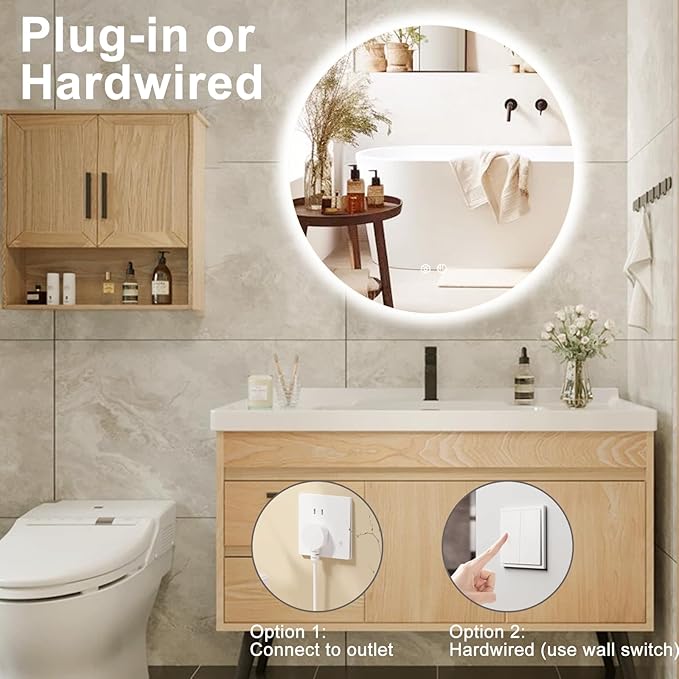 32 Inch Round LED Bathroom Mirror Backlit Anti-Fog Wall Mounted Lighted Bathroom Vanity Mirror 3 Colors Light Dimmable Smart Makeup Mirror with Touch Switch