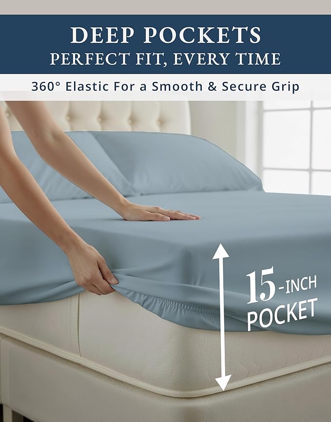 100% Egyptian Cotton King Size Sheets- Naturally Breathable & Durable Winter Comfort, Ultra-Soft Hotel Comfort with 15" Deep Pocket King Sheet Set, Silky Sateen Weave Luxury You Can Feel- French Blue