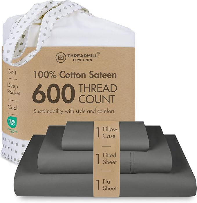 Hotel Quality Luxury 600 Thread Count 100% Cotton Twin Size Sheets, 3 Pc Sateen Weave Dark Grey Sheet Set, Premium Soft Sheets with Elasticized Deep Pocket by Threadmill