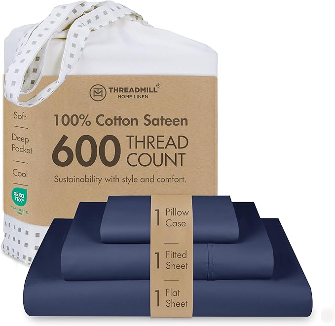 Threadmill 100% Cotton Sheets for Twin XL Size Bed - 600 Thread Count Twin XL Bed Sheets Set with 15” Deep Pocket - Sateen Weave 3-Piece Bedding Set with Cooling Effect, Folkstone Blue