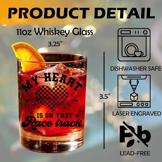 Racing Gifts Old Fashioned Whiskey Glasses, Track Racing Gifts for Racer, My Heart Is On That Race Track 10 oz Rocks Barware Cup for Cocktail Drinks Scotch Bourbon Liquor