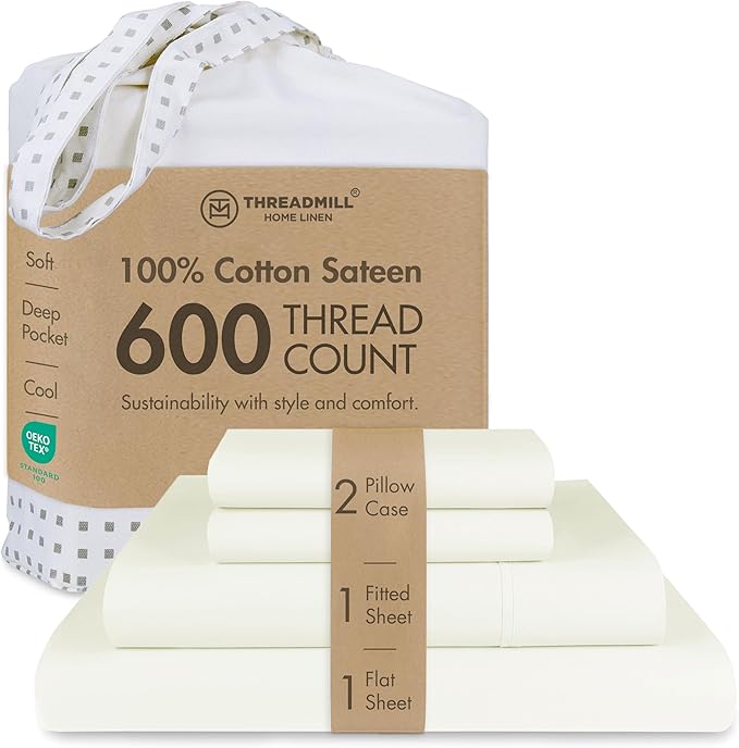Threadmill 100% Cotton Sheets for Full Size Bed - 600 Thread Count Full Bed Sheets Set with 16” Deep Pocket - Sateen Weave 4-Piece Bedding Set with Cooling Effect, Ivory
