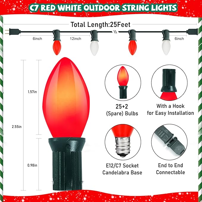 C7 LED Red and White Christmas Lights,25ft Outdoor String Lights with 27 Red White LED Bulbs(2 Spare),Connectable Outside Christmas Lights for Xmas Tree Party Roof Decoration,Green Wire