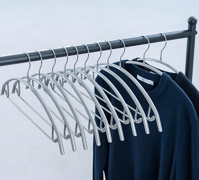 16.5 Inch Pack of 20 No Shoulder Bumps Non-Slip Rubber Coating Contour Metal Hangers, Sweater Hanger, Suit Hanger with Pants Bar (Silver)