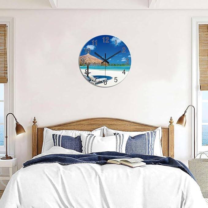 XFM Blue Beach Wall Clock 12 Inch Silent Glass Wall Clocks Battery Operated Tropical Summer Coastal Clock Decorative for Bedroom Living Room Office