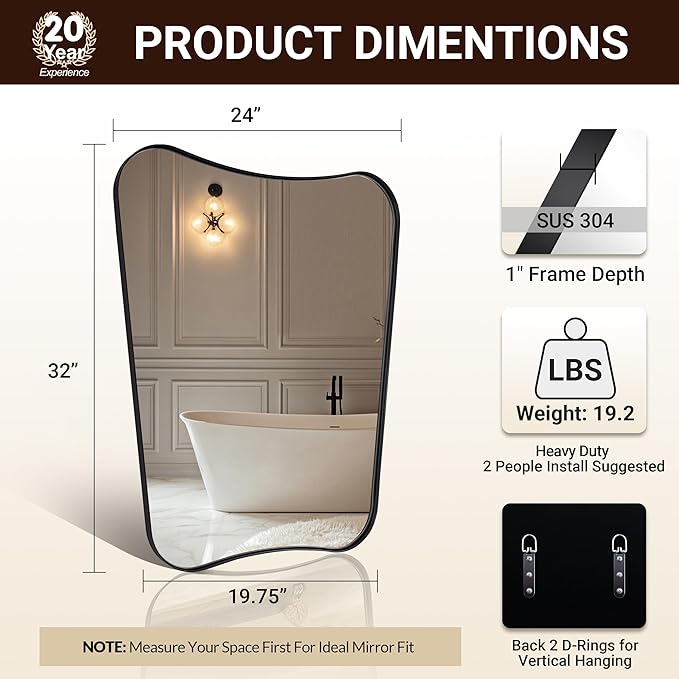 ANDY STAR Matte Black Vanity Mirror, 24"x32" Scalloped Mirror for Bathroom, Asymmetrical Wall Mirror, Unique Shape Ideal for Bathroom, Entryway, Mantle