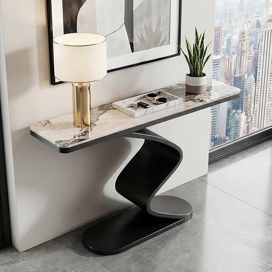 Modern Console Table with Sintered Stone Top, 47" Entryway Table with Sculptural S-Shaped Base Narrow Hallway Sofa Table Behind Couch for Living Room, Accent Furniture(Black,59"x11.8"x31.5")