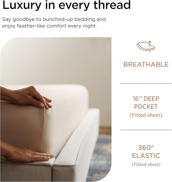 Threadmill 100% Cotton Sheets for Full Size Bed - 600 Thread Count Full Bed Sheets Set with 16” Deep Pocket - Sateen Weave 4-Piece Bedding Set with Cooling Effect, Beige