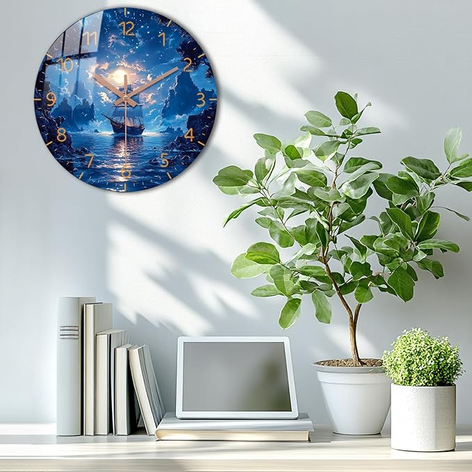 Extra Large Coastal Wall-Clock Sailing Boat Decor 20 Inch Blue Wall Clock Round Wooden Silent Clocks for Living Room, Office Wall Battery Operated