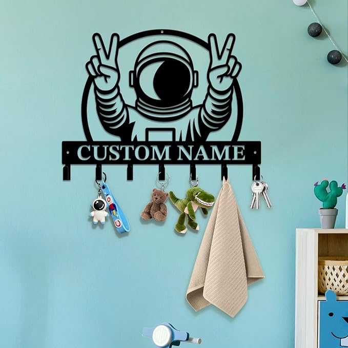 Personalized Custom Astronaut UFO Metal Wall Keys Hooks,Clothes Hooks Astronaut Art coat racks,door holder,Black Astronaut decorations for home,Entrance doors,Hallway, Bedroom,Keys,Hats (Style I)