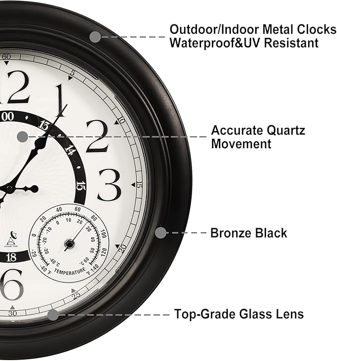 18 Inch Illuminated Retro Indoor Outdoor Wall Clocks with Thermometer and Hygrometer Waterproof Metal Large Clocks with Auto Light Smart Sensor for House Warming Gifts New Home Living Room Decor