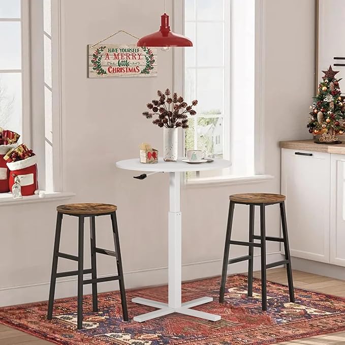 Round Bar Table, Adjustable Height and Rolling Small Dining Table, Dual-Use Cocktail Table with Removable Casters for Bar, Bistro, Café,White
